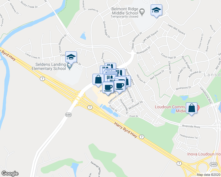 map of restaurants, bars, coffee shops, grocery stores, and more near 19345 Promenade Drive in Leesburg