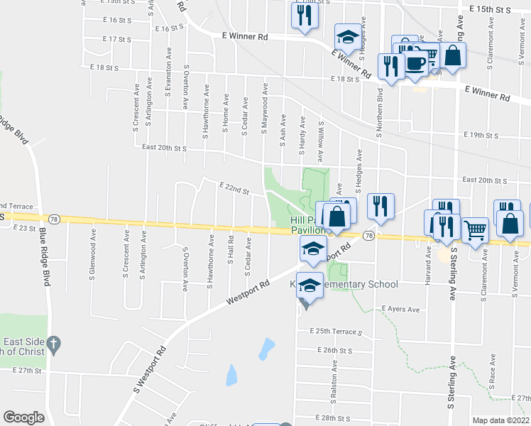 map of restaurants, bars, coffee shops, grocery stores, and more near 2210 South Maywood Avenue in Independence