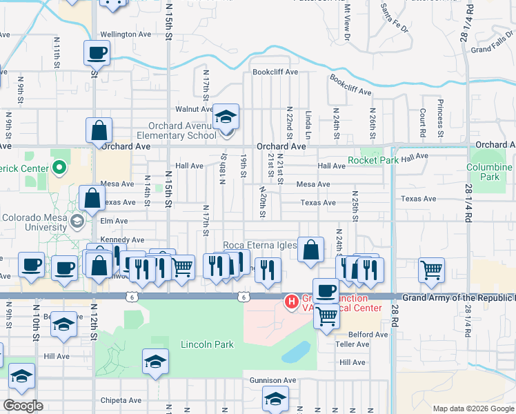 map of restaurants, bars, coffee shops, grocery stores, and more near 2100 Kennedy Avenue in Grand Junction