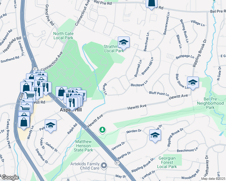 map of restaurants, bars, coffee shops, grocery stores, and more near 13704 Beret Place in Silver Spring