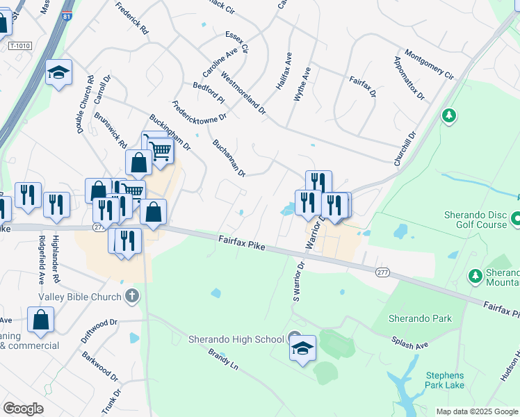 map of restaurants, bars, coffee shops, grocery stores, and more near 163 Lexington Court in Stephens City
