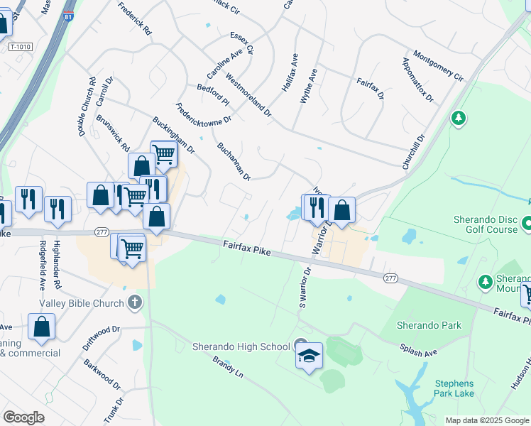 map of restaurants, bars, coffee shops, grocery stores, and more near 163 Lexington Court in Stephens City