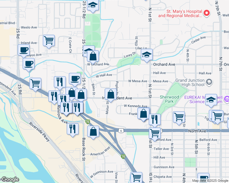 map of restaurants, bars, coffee shops, grocery stores, and more near 1535 Poplar Drive in Grand Junction