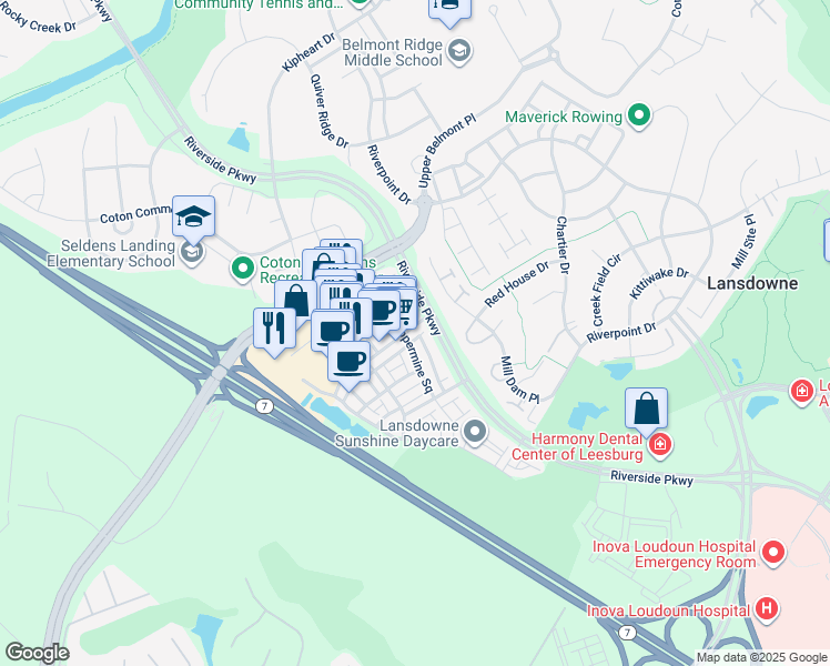 map of restaurants, bars, coffee shops, grocery stores, and more near 19322 Diamond Lake Drive in Leesburg