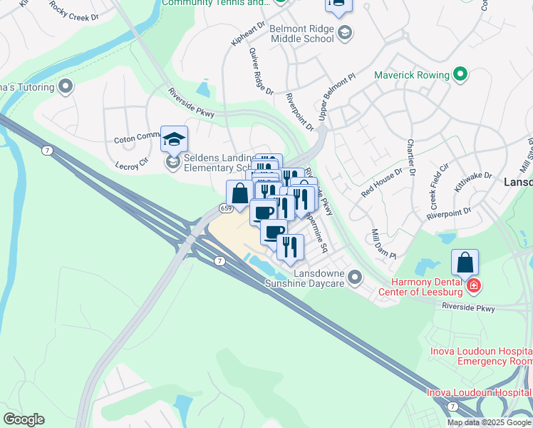 map of restaurants, bars, coffee shops, grocery stores, and more near 19337 Promenade Drive in Leesburg