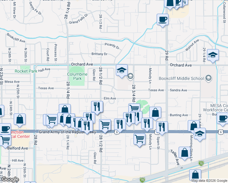 map of restaurants, bars, coffee shops, grocery stores, and more near 2860 Elm Avenue in Grand Junction