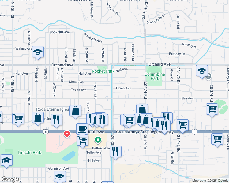 map of restaurants, bars, coffee shops, grocery stores, and more near 2629 Elm Avenue in Grand Junction