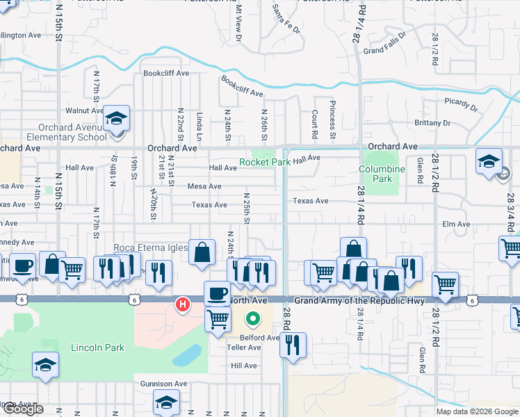 map of restaurants, bars, coffee shops, grocery stores, and more near 2524 Elm Avenue in Grand Junction