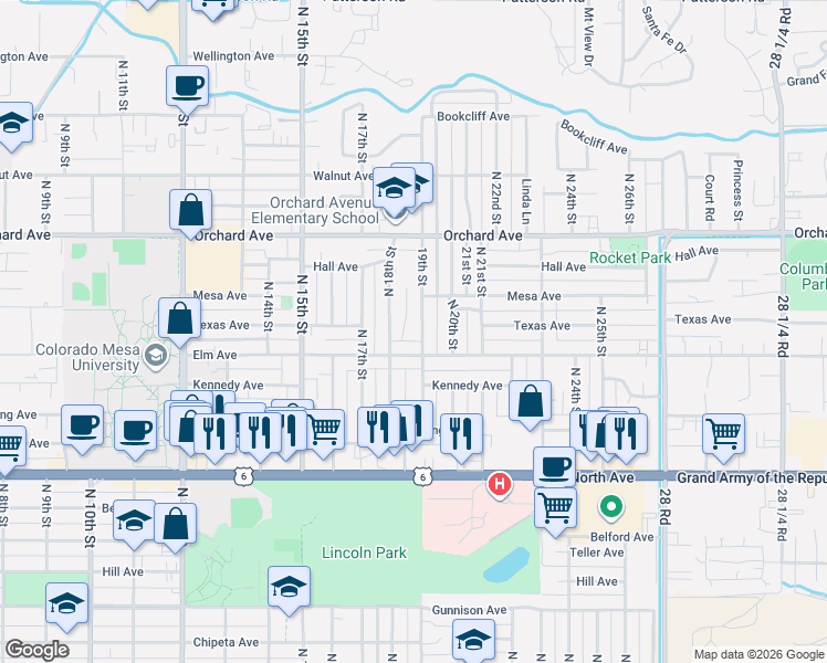 map of restaurants, bars, coffee shops, grocery stores, and more near 1903 Elm Avenue in Grand Junction