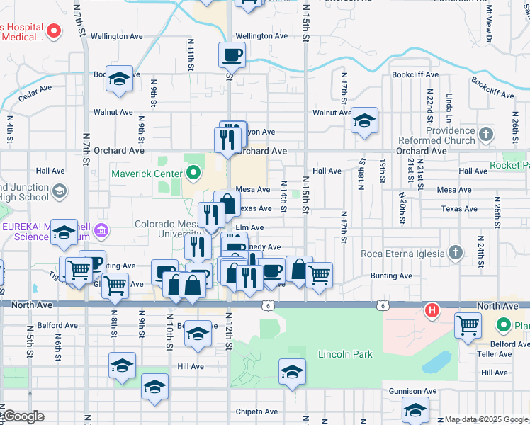 map of restaurants, bars, coffee shops, grocery stores, and more near 1436 North 13th Street in Grand Junction