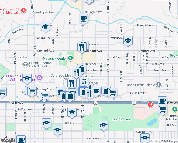 map of restaurants, bars, coffee shops, grocery stores, and more near 1436 North 13th Street in Grand Junction
