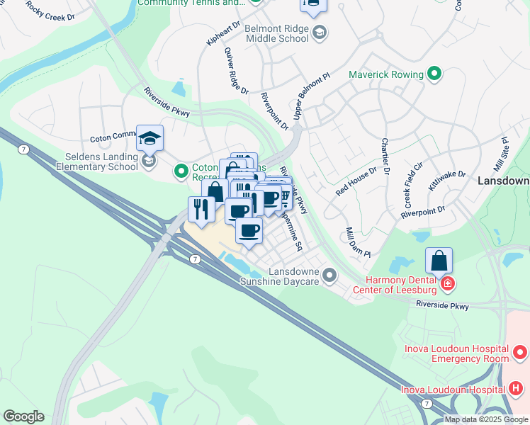 map of restaurants, bars, coffee shops, grocery stores, and more near 43539 Michigan Square in Leesburg
