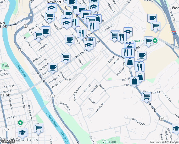 map of restaurants, bars, coffee shops, grocery stores, and more near 14 Home Street in Newport