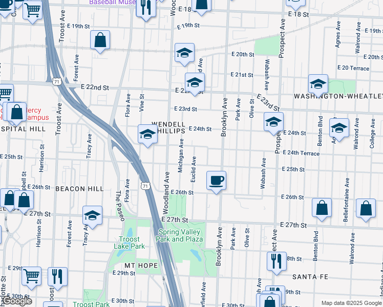 map of restaurants, bars, coffee shops, grocery stores, and more near 2501 Michigan Avenue in Kansas City