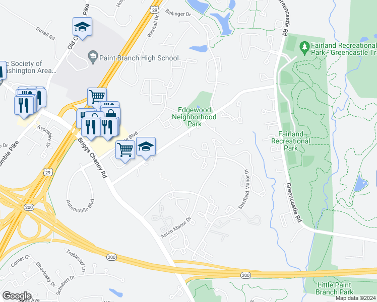 map of restaurants, bars, coffee shops, grocery stores, and more near 3309 Sir Thomas Drive in Silver Spring