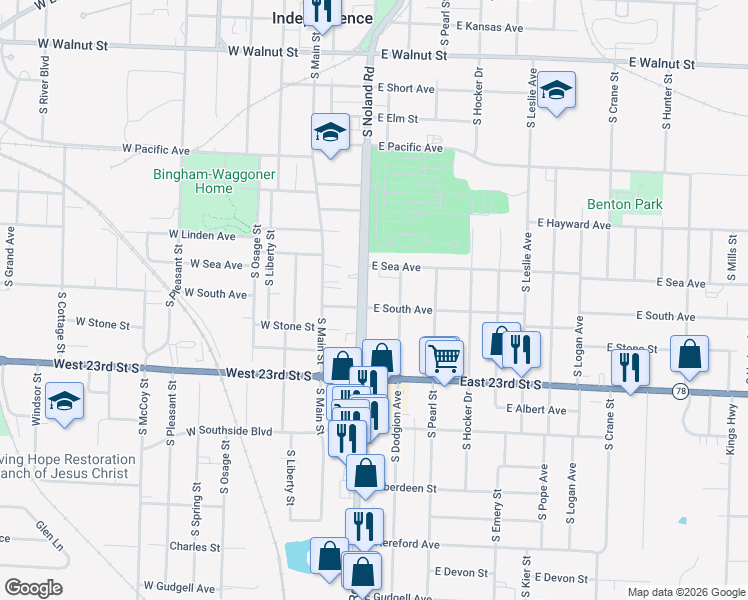 map of restaurants, bars, coffee shops, grocery stores, and more near 219 East South Avenue in Independence
