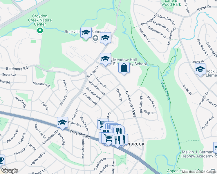 map of restaurants, bars, coffee shops, grocery stores, and more near 1620 Forbes Street in Rockville