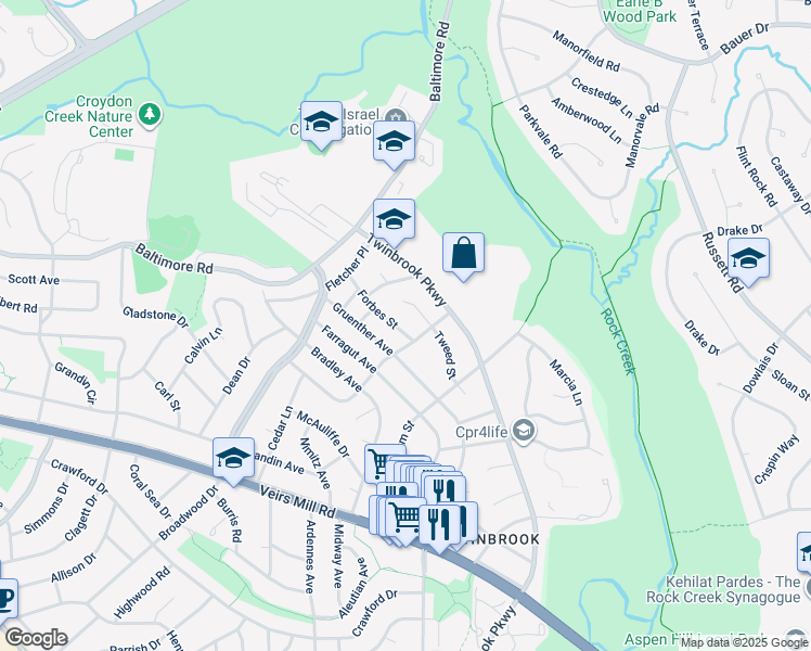 map of restaurants, bars, coffee shops, grocery stores, and more near 1620 Forbes Street in Rockville