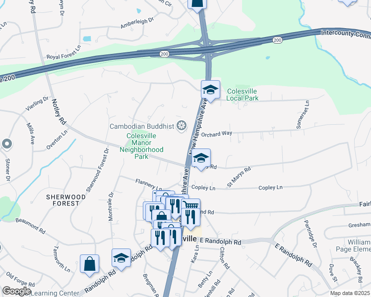 map of restaurants, bars, coffee shops, grocery stores, and more near 13716 New Hampshire Avenue in Silver Spring