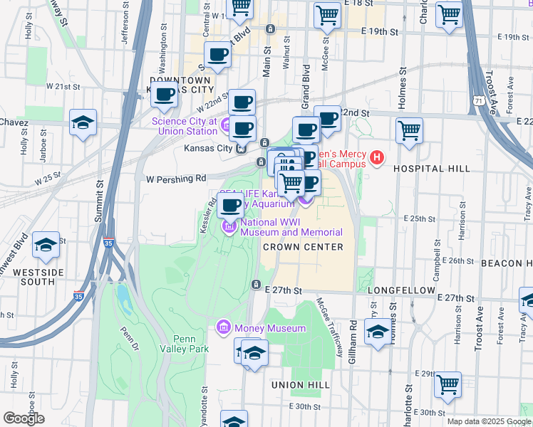 map of restaurants, bars, coffee shops, grocery stores, and more near 2525 Main Street in Kansas City