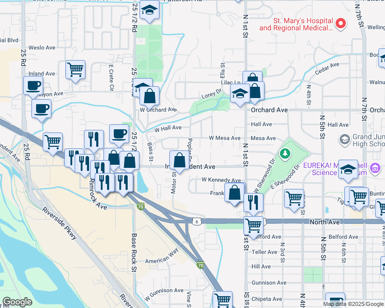 map of restaurants, bars, coffee shops, grocery stores, and more near 1625 Poplar Drive in Grand Junction