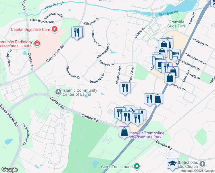 map of restaurants, bars, coffee shops, grocery stores, and more near 7712 Kirklee Court in Laurel