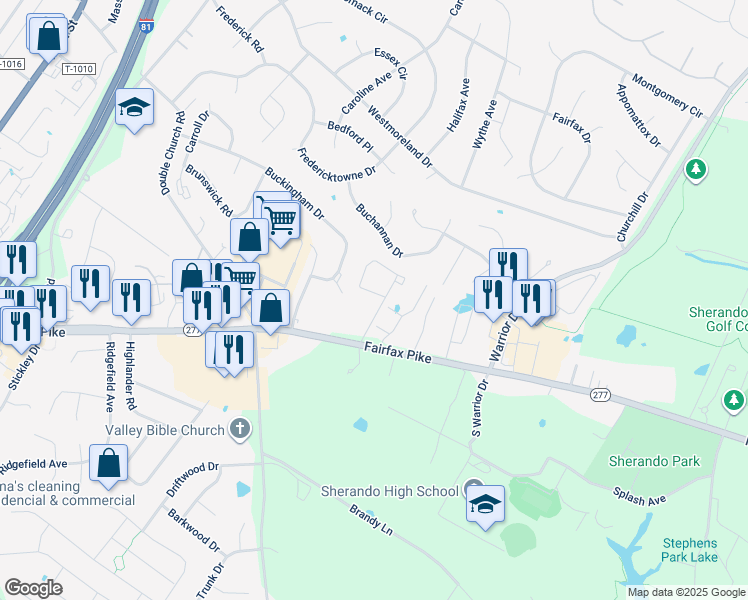 map of restaurants, bars, coffee shops, grocery stores, and more near 205 Georgetowne Court in Stephens City