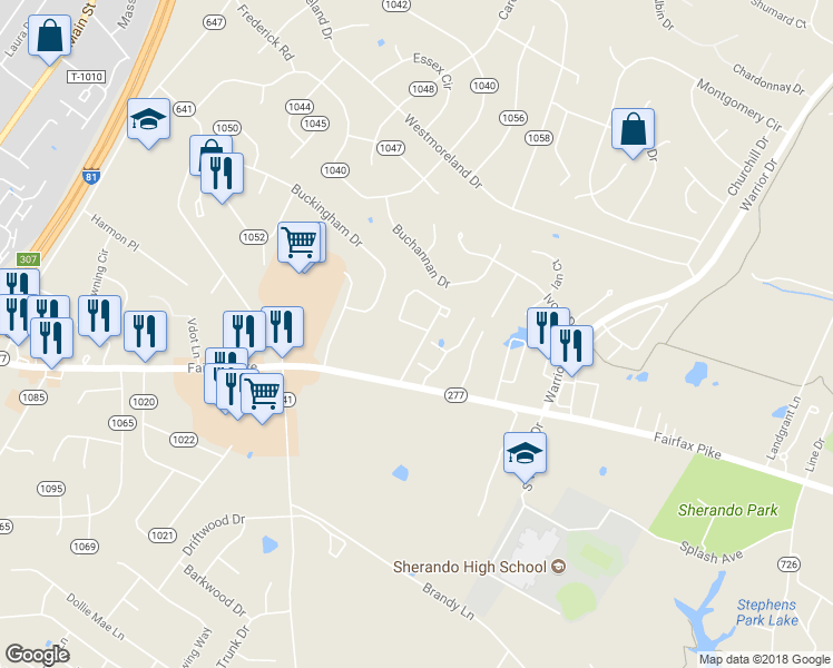 map of restaurants, bars, coffee shops, grocery stores, and more near 205 Georgetowne Court in Stephens City