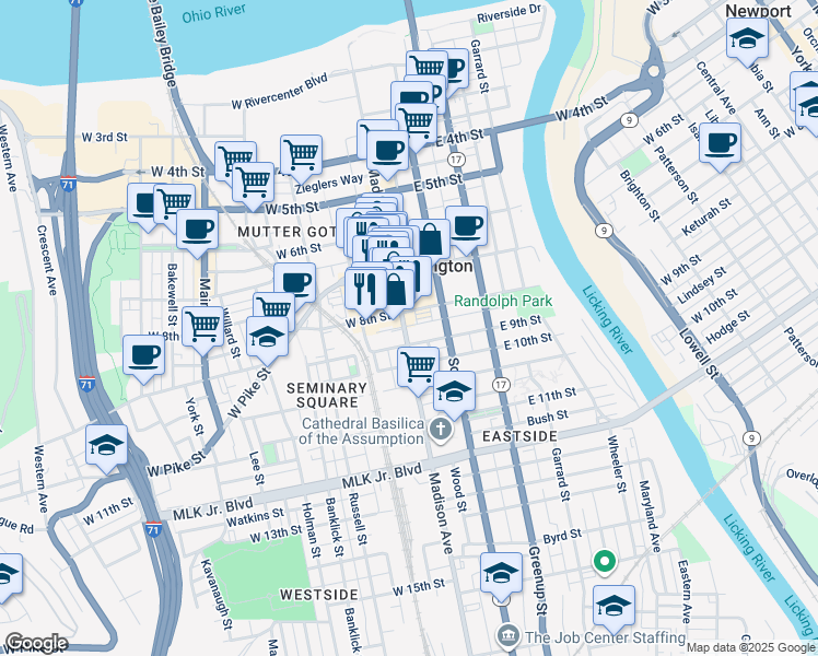 map of restaurants, bars, coffee shops, grocery stores, and more near 727 Madison Avenue in Covington