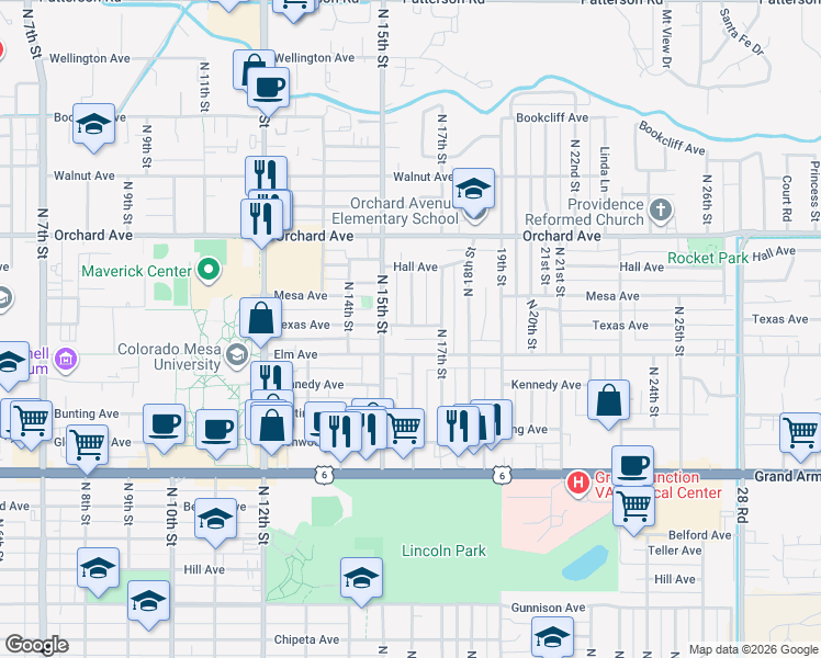 map of restaurants, bars, coffee shops, grocery stores, and more near 1551 Texas Avenue in Grand Junction