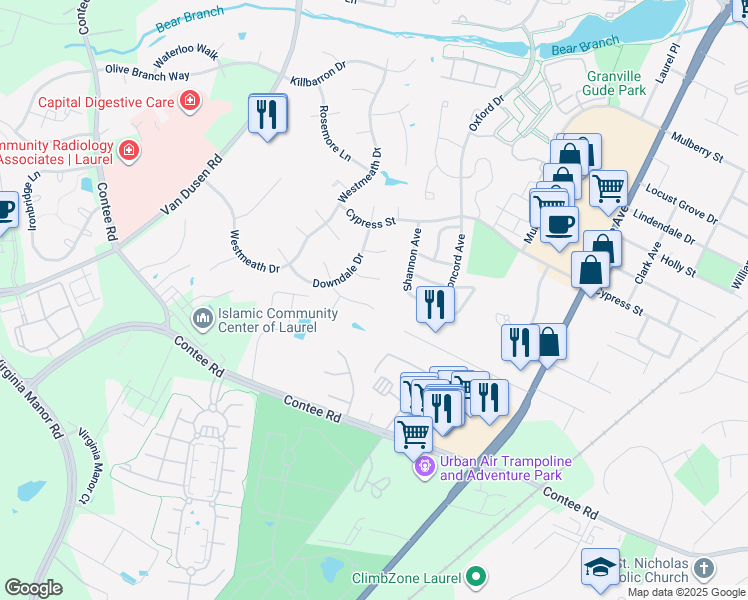 map of restaurants, bars, coffee shops, grocery stores, and more near 7712 Kirklee Court in Laurel