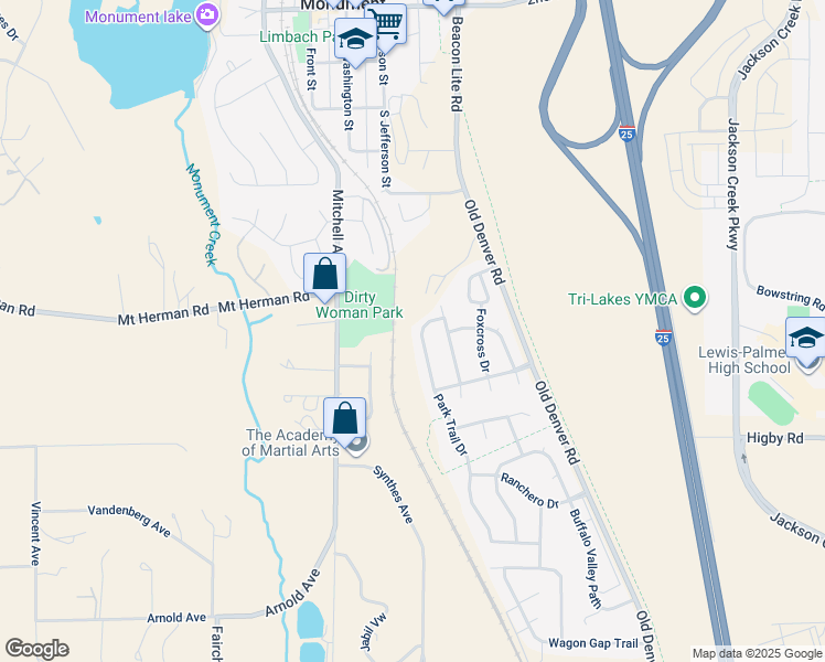 map of restaurants, bars, coffee shops, grocery stores, and more near 17220 Park Trail Drive in Monument