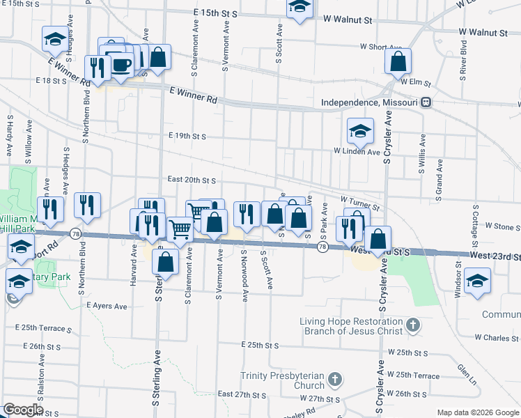 map of restaurants, bars, coffee shops, grocery stores, and more near 2102 South Scott Avenue in Independence