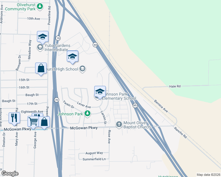 map of restaurants, bars, coffee shops, grocery stores, and more near 4429 Martel Drive in Olivehurst