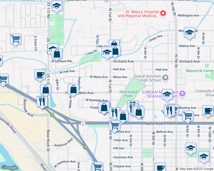 map of restaurants, bars, coffee shops, grocery stores, and more near 1655 North 1st Street in Grand Junction