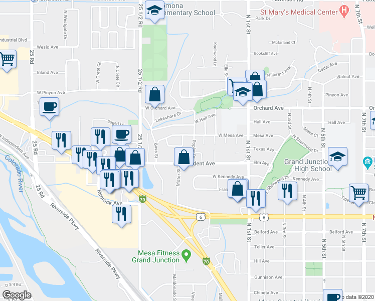 map of restaurants, bars, coffee shops, grocery stores, and more near 1625 Poplar Drive in Grand Junction