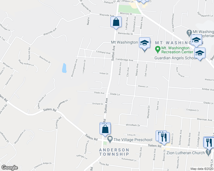 map of restaurants, bars, coffee shops, grocery stores, and more near 6047 Virbet Drive in Cincinnati