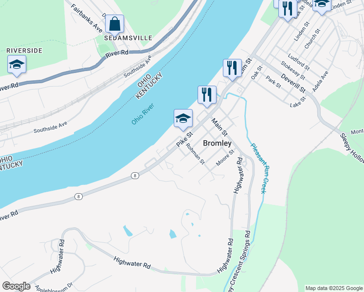 map of restaurants, bars, coffee shops, grocery stores, and more near 401 River Road in Villa Hills