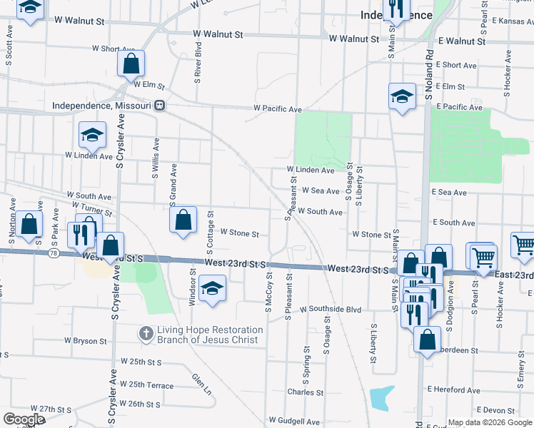 map of restaurants, bars, coffee shops, grocery stores, and more near 910 South McCoy Street in Independence