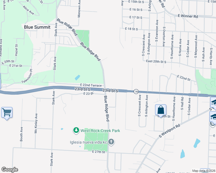 map of restaurants, bars, coffee shops, grocery stores, and more near 2235 Blue Ridge Boulevard in Independence