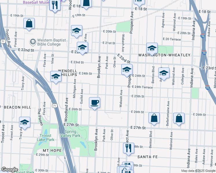 map of restaurants, bars, coffee shops, grocery stores, and more near 2415 Park Avenue in Kansas City