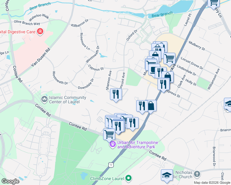 map of restaurants, bars, coffee shops, grocery stores, and more near 13802 Shannon Avenue in Laurel
