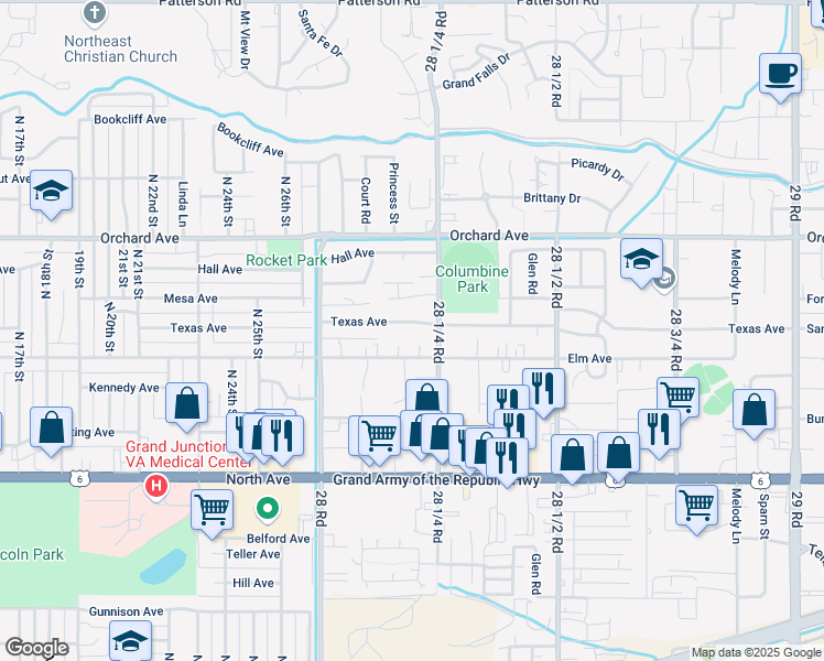 map of restaurants, bars, coffee shops, grocery stores, and more near 2819 Texas Avenue in Grand Junction