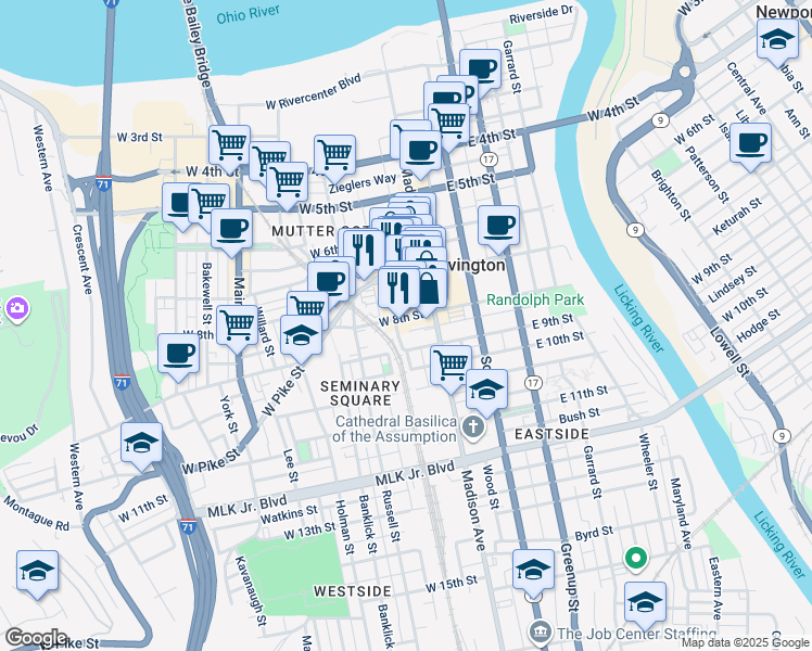 map of restaurants, bars, coffee shops, grocery stores, and more near 726a Washington Street in Covington