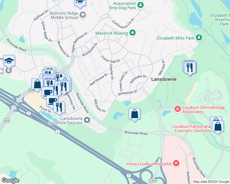 map of restaurants, bars, coffee shops, grocery stores, and more near 19246 Chartier Drive in Leesburg