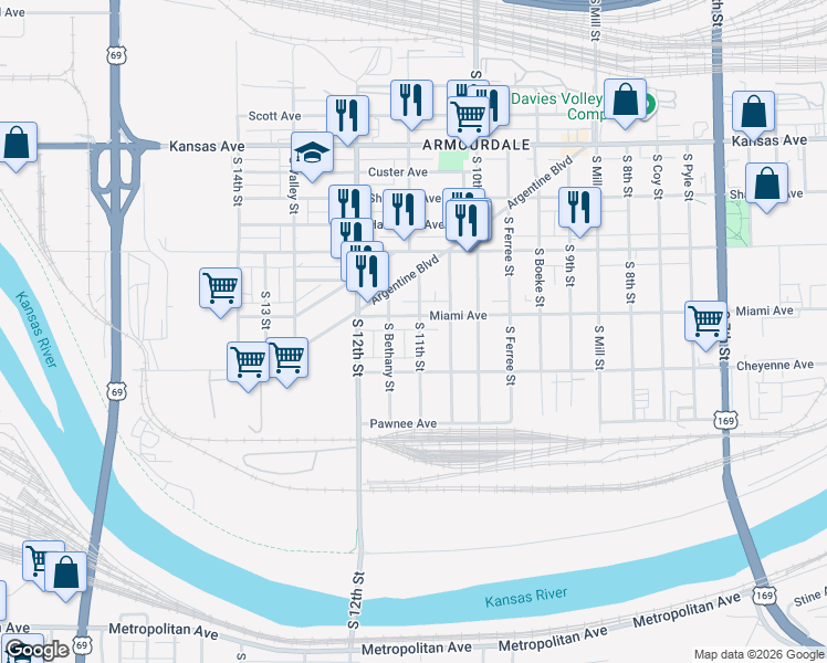 map of restaurants, bars, coffee shops, grocery stores, and more near 1106 Miami Avenue in Kansas City