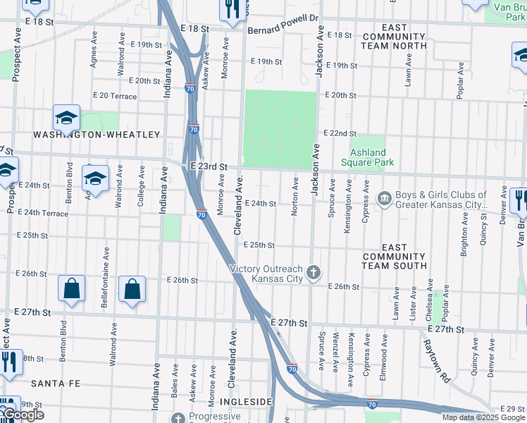 map of restaurants, bars, coffee shops, grocery stores, and more near 2409 Mersington Avenue in Kansas City
