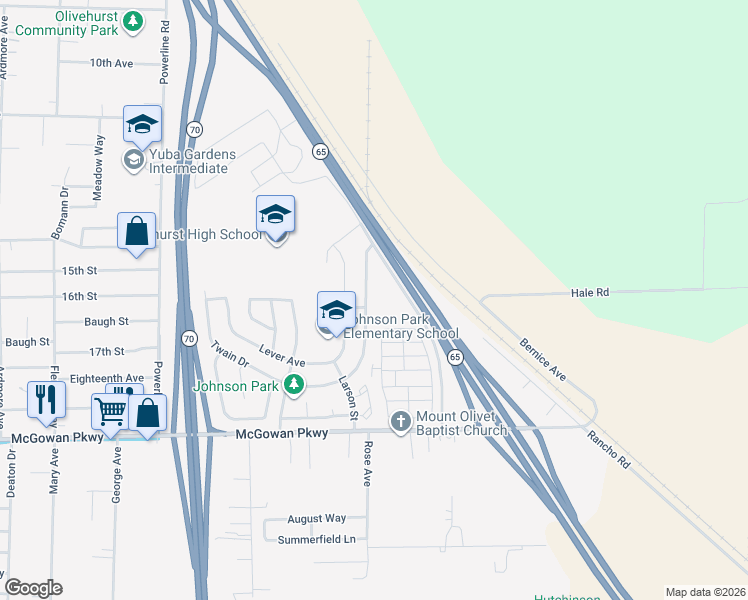 map of restaurants, bars, coffee shops, grocery stores, and more near 4429 Martel Drive in Olivehurst