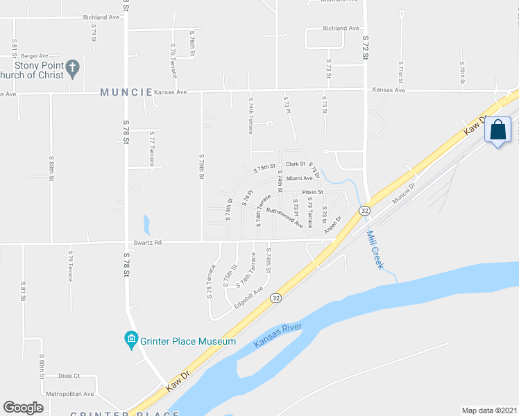 map of restaurants, bars, coffee shops, grocery stores, and more near Buttonwood Ave & S 74th Terrace in Kansas City
