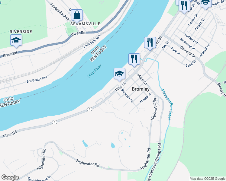 map of restaurants, bars, coffee shops, grocery stores, and more near 401 River Road in Villa Hills